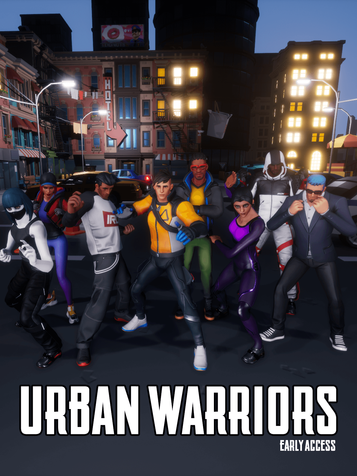 Eight colorful characters in karate poses on a dark urban street with the words Urban Warriors in front of them